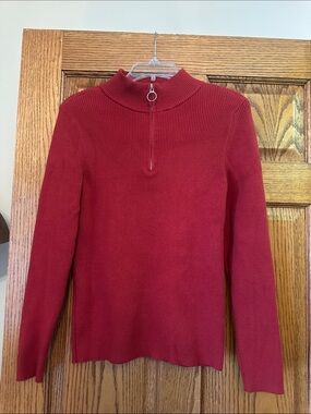 Red Ribbed Half-Zip Mock Neck Sweater